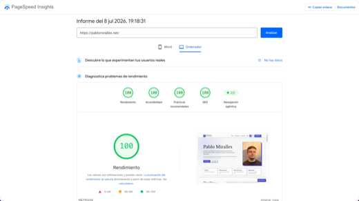 Captura de escritorio de PageSpeed Insights de pablomiralles.net con puntuaciones al 100 % y 2/2 en navegación agéntica.
