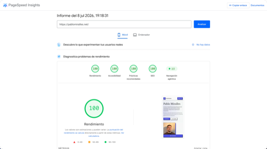 Captura móvil de PageSpeed Insights de pablomiralles.net con puntuaciones al 100 % y 2/2 en navegación agéntica.